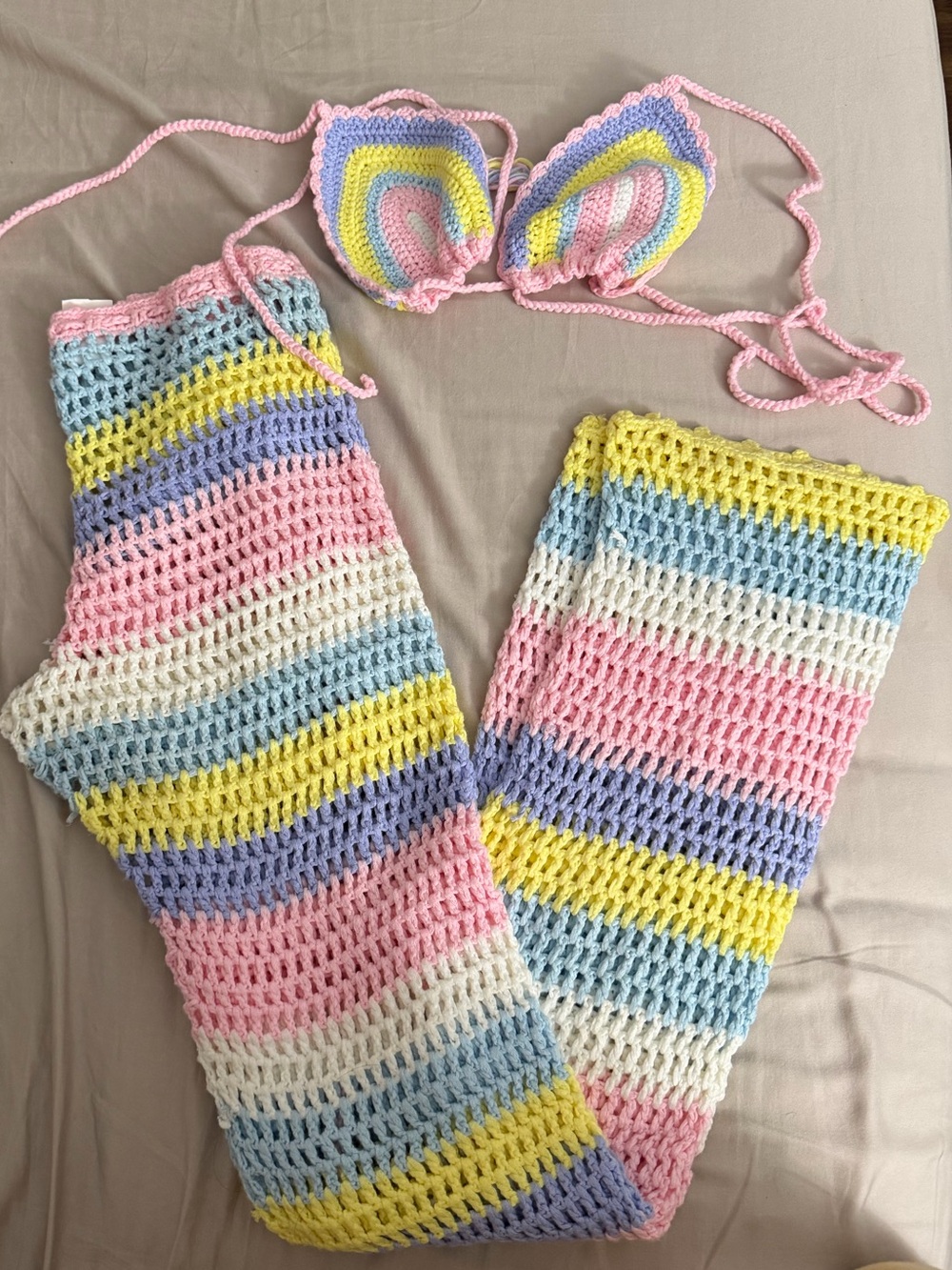 Crochet Bikini Top and Pants Set - Pastel Rainbow Stripes
